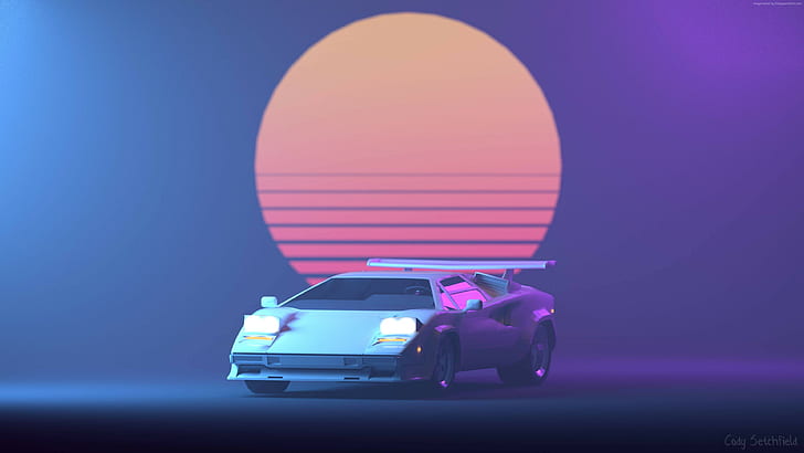 Purple, Retrowave, Lamborghini Countach, 4K