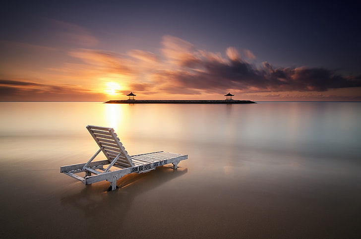 white wooden lounge chair, Indonesia, beach, Bali, village, landscape, HD wallpaper