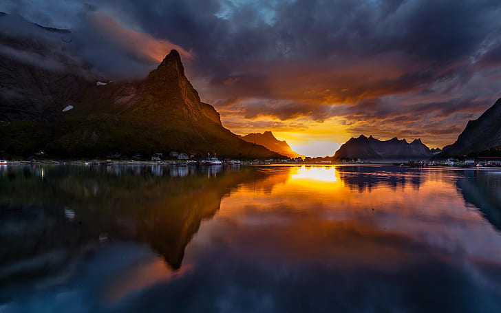 Norway, Reine, mountains, sunset, lake, HD wallpaper