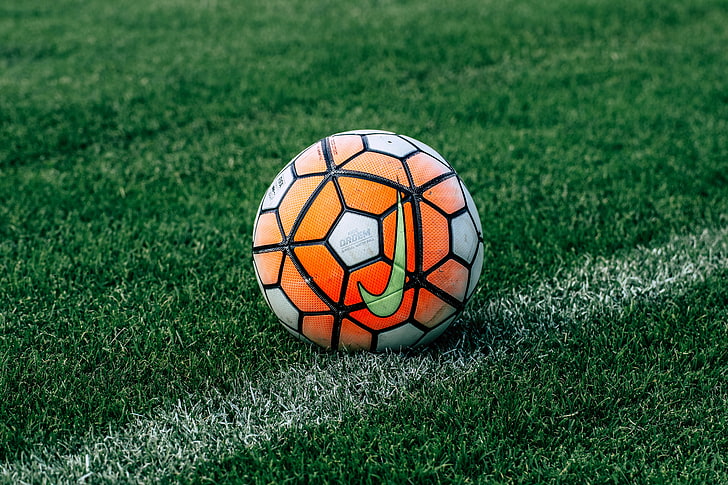 orange and gray Nike soccer ball, football, lawn, grass, sport