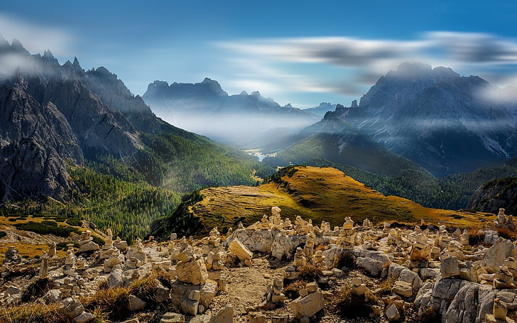 grey rocks, landscape, nature, valley, mist, mountains, forest, HD wallpaper
