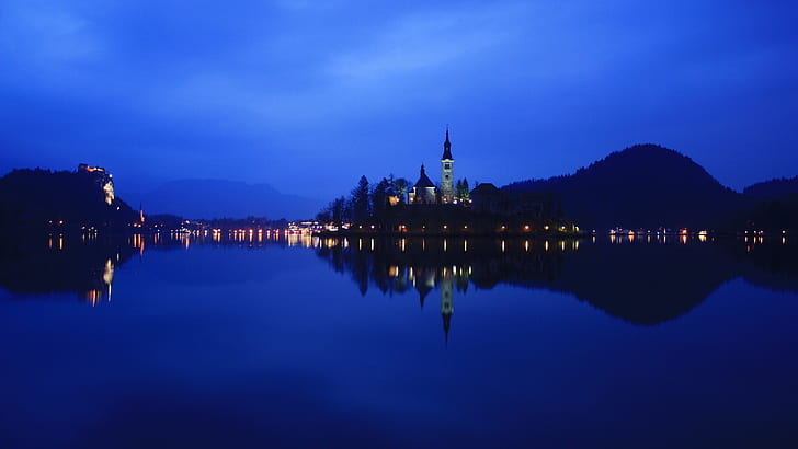 Lake Bled in Slovenia, night, lights, water reflection
