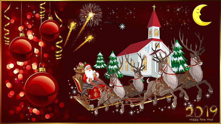 Happy New Year 2019 Merry Christmas Christmas Greeting Card Santa Claus And Reindeer Church Christmas Decorations Fireworks Moon Hd Desktop Wallpapers For Computers Laptop Tablet And Mobile Phones, HD wallpaper