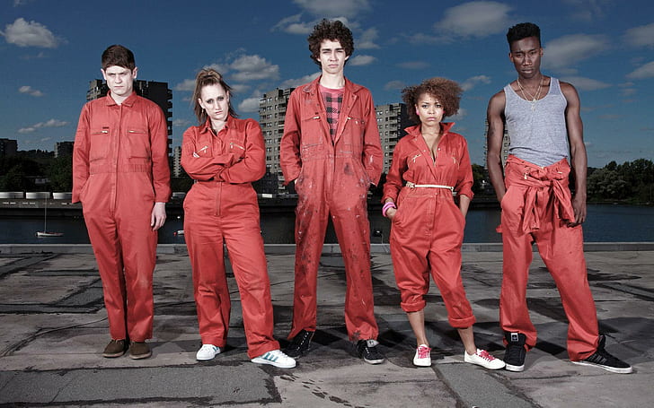 Misfits, men and woman red jumpsuit, tv shows, 1920x1200