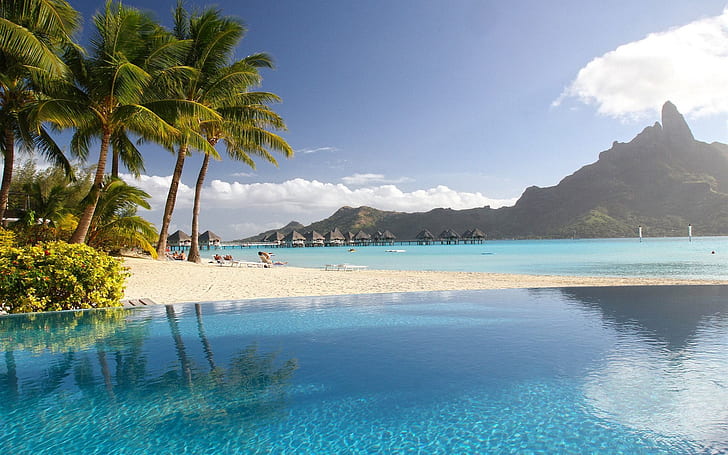 Tropical, resort, palm trees, pool, sea, HD wallpaper