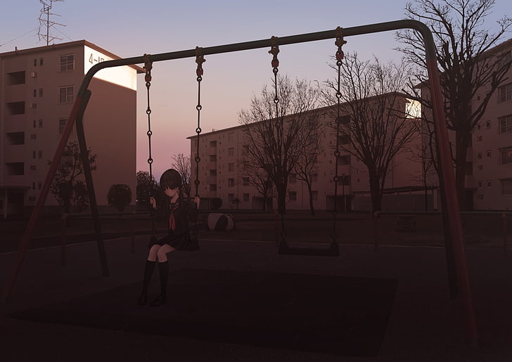 anime girls, playground, alone, architecture, built structure