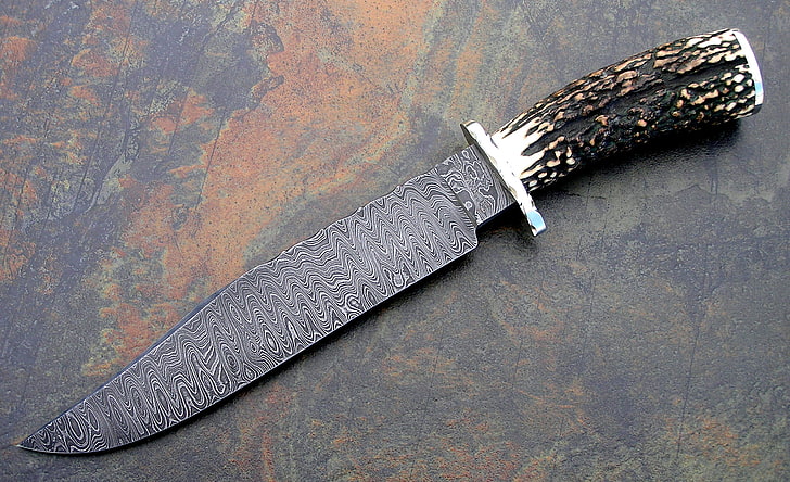 brown and beige hilted knife, weapons, Damascus steel, kitchen Knife
