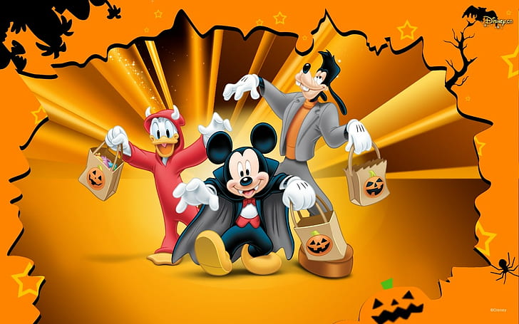Halloween, Disney, orange, Donald Duck, Mickey Mouse, Goofy, HD wallpaper