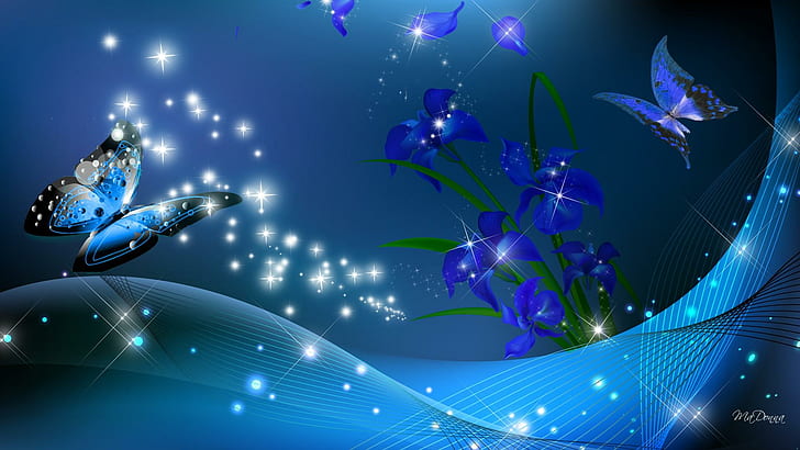 Iris So Blue, stars, bright, flowers, sparkle, spring, waves, HD wallpaper