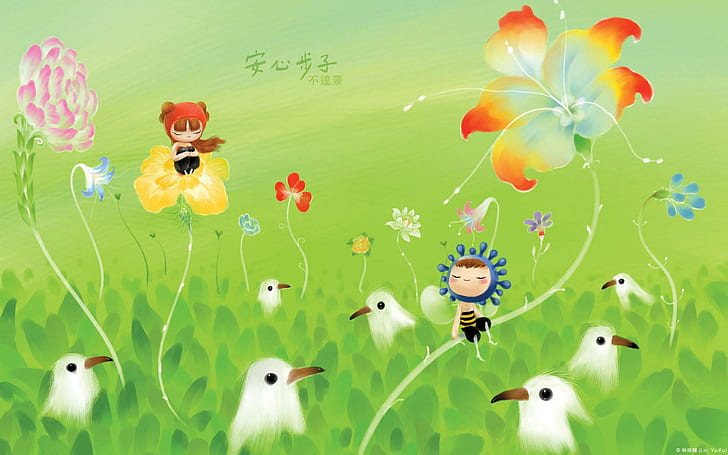 Pixie L, kanje text flower with baby cartoon character and bird illustration, HD wallpaper
