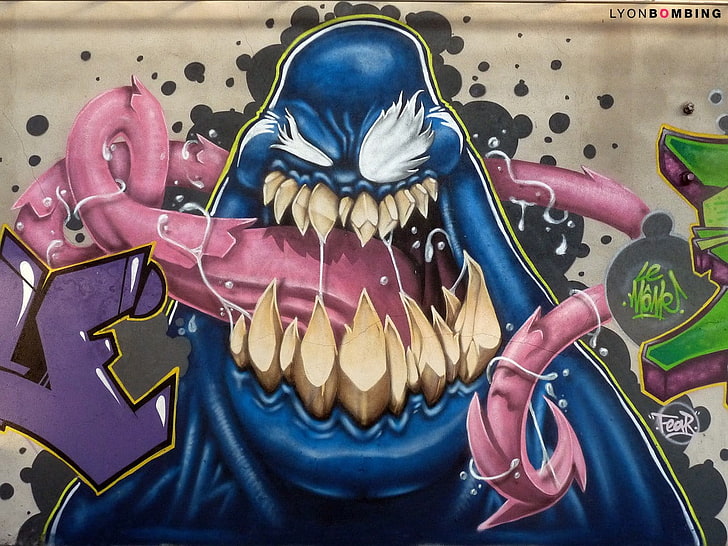 blue monster with long tongue graffiti artwork, Venom, wall, representation