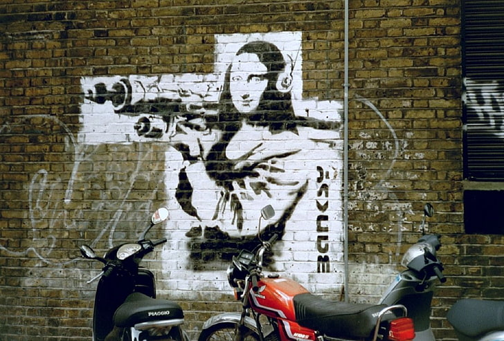 Banksy, graffiti, concrete, grenade launchers, vehicle, urban
