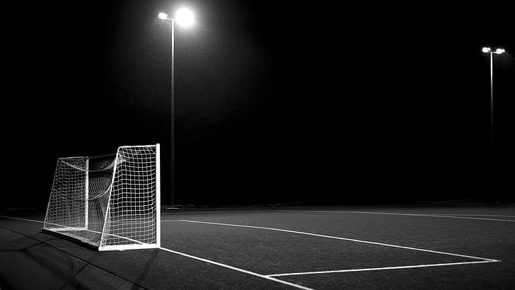 Sports, Football Field, Night, Light, Goal, grayscale photo of soccer goal, HD wallpaper