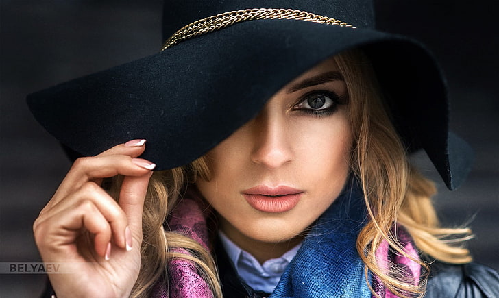 glamour women, hat, millinery, Dmitry Belyaev, face, portrait, HD wallpaper