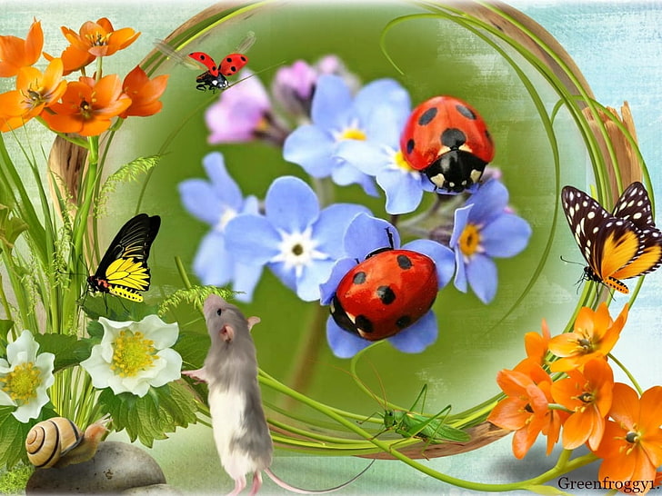 CUTE  CRITTERS, MOUSE, BUGS, FLOWERS, BUTTERFLIES, flowering plant