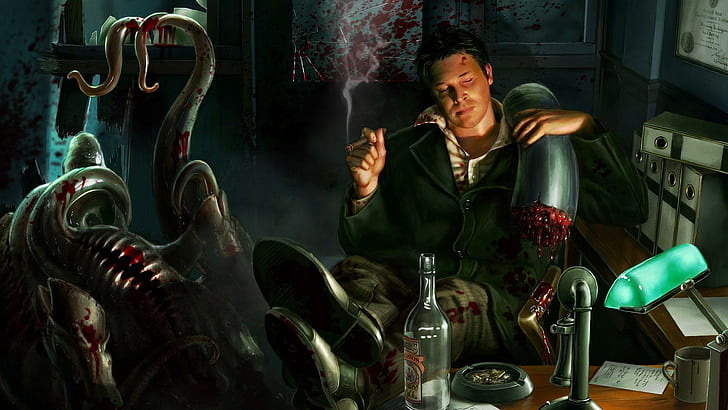 monster, blood, art, office, cigar, man sitting and smoking game character, HD wallpaper
