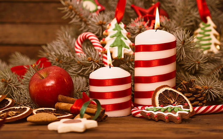 two red-and-white pillar candles, Christmas, treats, apples, holiday, HD wallpaper