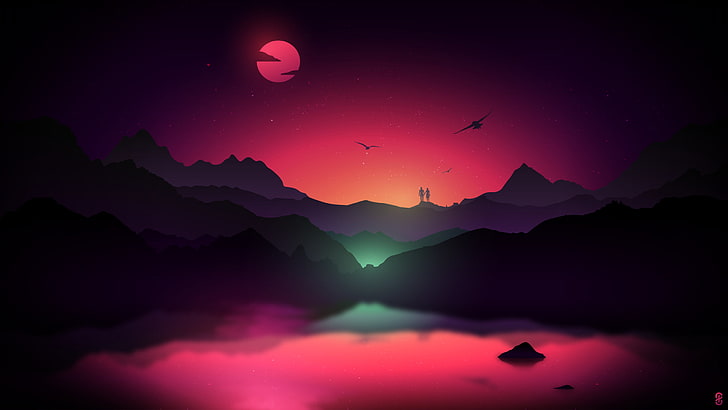 silhouette of mountains under red sky digital wallpaper, lake