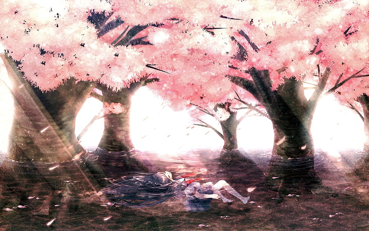 cherry blossom painting, landscape, Chill Out, anime, tree, plant