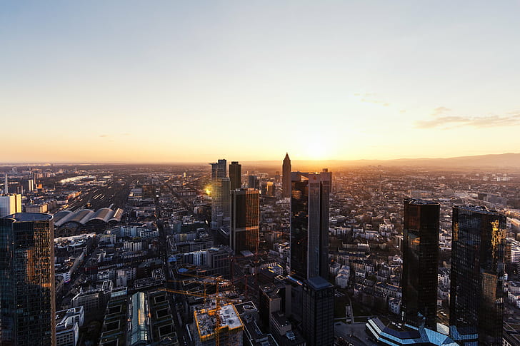 city buildings during sunset in aerial photography, frankfurt, frankfurt, HD wallpaper