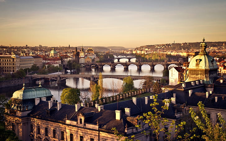 Czech Republic, Prague, city, bridge, river Vltava, sunrise, houses