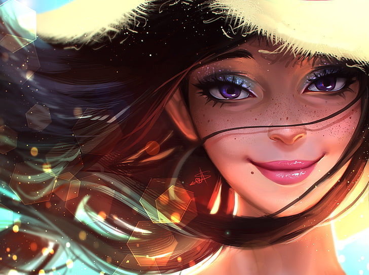 black-haired female anime character wearing hat, summer, eyes, HD wallpaper
