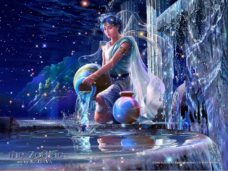 blue haired woman illustration, zodiac, sign, aquarius, girl, HD wallpaper