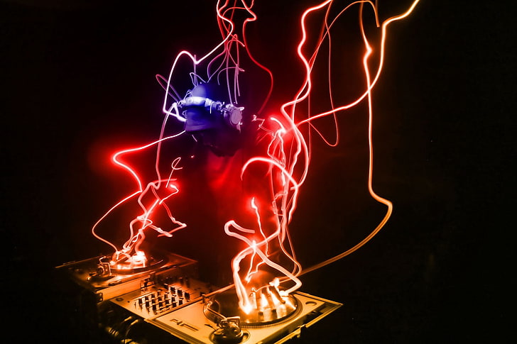 silver DJ mixer controller, music, artwork, turntables, illuminated