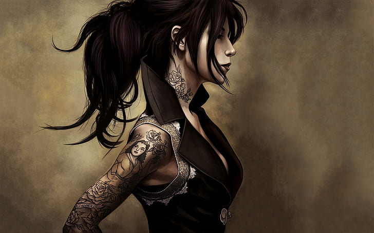 Fantasy girl, tattoo, tight clothing, hairstyle, HD wallpaper