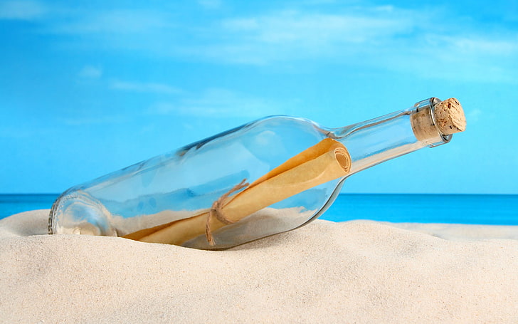 message in a bottle on sand, summer, bottles, beach, sea, sky