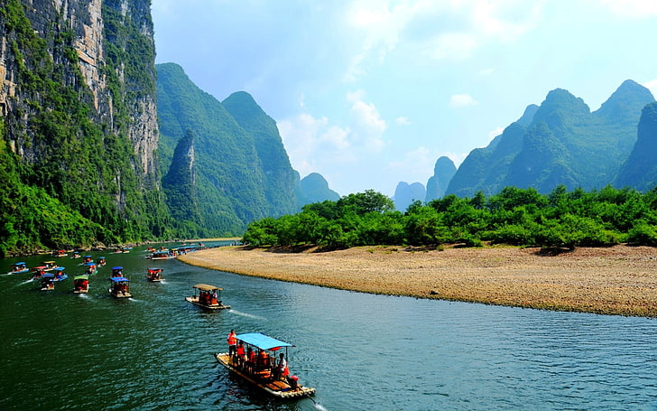 China, landscape, Li River, nature, water, mountain, transportation