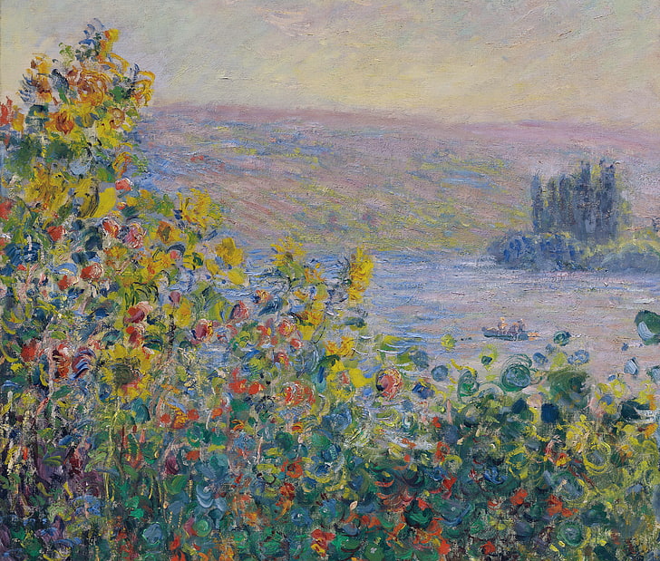 landscape, flowers, picture, Claude Monet, Flowers Beds at Vetheuil, HD wallpaper