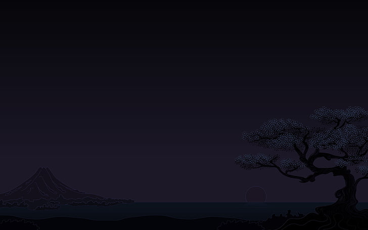 tree near volcano painting, dark, minimalism, cherry trees, sunset