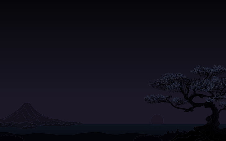 minimalism, dark, sunset, cherry trees, mountains