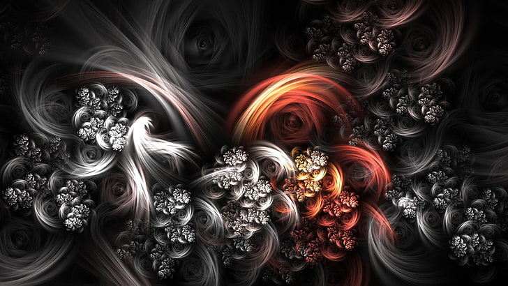 orange, black, and gray floral digital wallpaper, abstract, fractal