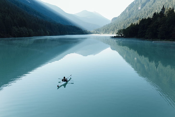 white kayak, nature, photography, landscape, lake, mountains