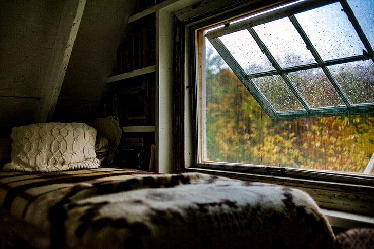 brown and gray bed sheet, warm colors, fall, rain, window, indoors