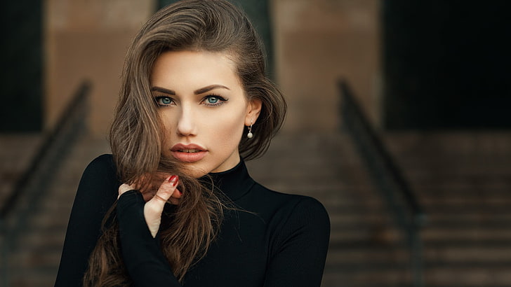 women's black turtle-neck top, brunette, blue eyes, juicy lips, HD wallpaper