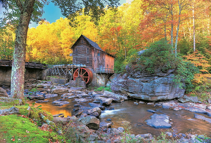 autumn, babcock, creek, glade, grist, mill, nature, park, state