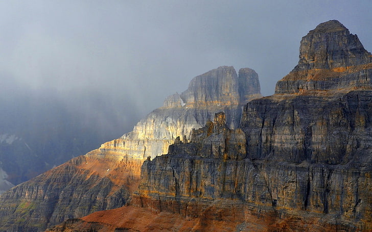 gray cliff with gray clouds, landscape, mountains, mist, rock