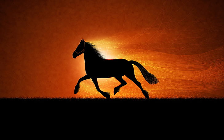 The black silhouette of a horse running