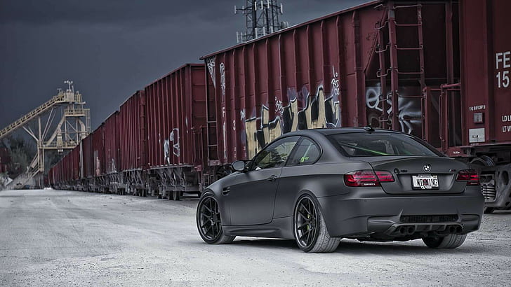 BMW M3, graffiti, BMW Active, car, train, HD wallpaper