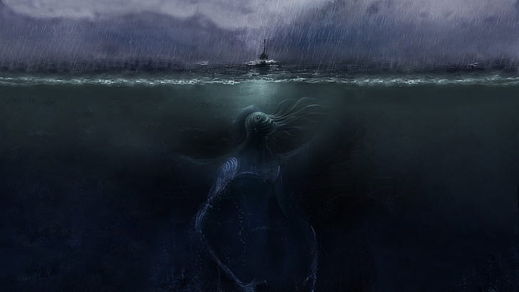 horror creepy ocean rain cthulhu ships fantasy art underwater lurker 1920x1080  Nature Oceans HD Art