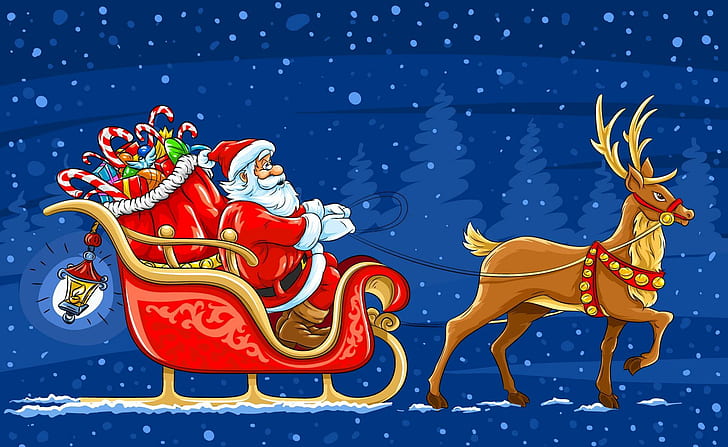 new year, christmas, santa, claus, sleigh, reindeer, gifts, postcard