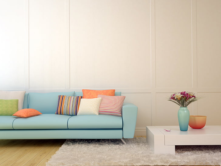blue couch, design, room, sofa, furniture, interior, indoors, HD wallpaper