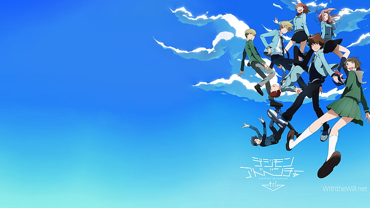 anime, Digimon, Digimon Tri, sky, landscape, clouds, jumping, HD wallpaper