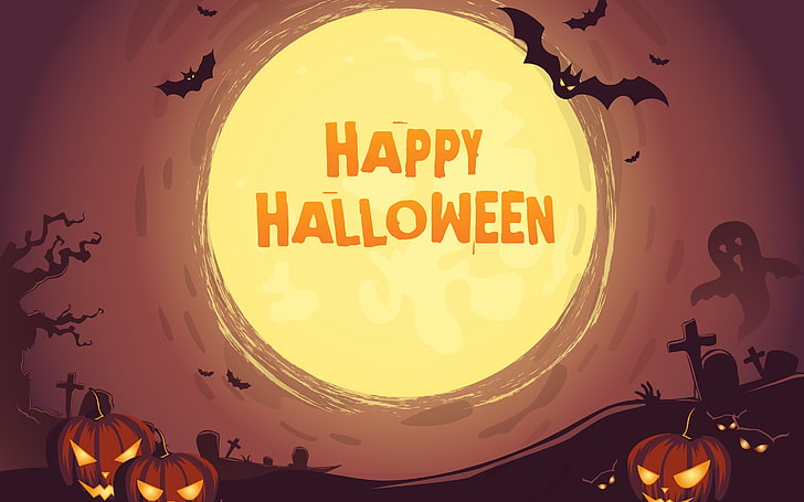 Halloween 2018 Pumpkin Graveyard Bat Moon, text, illuminated, HD wallpaper