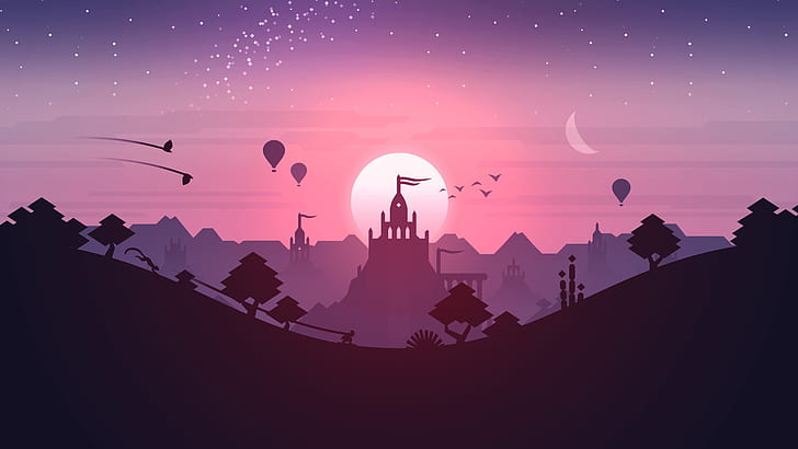 Pink, Android, Purple, Games, Stars, Landscape, Sunset, Temple
