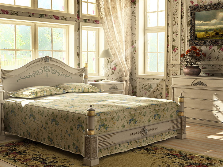 gray wooden bed frame and green floral mattress, flowers, carpet