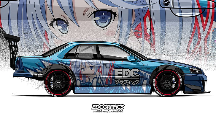 EDC Graphics, Nissan Skyline ER34, render, Japanese cars, anime girls